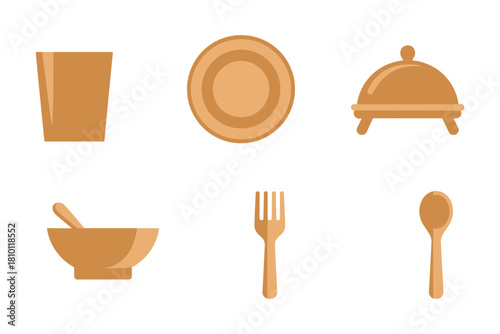Wooden tableware icons set, drinking cup, dinner plate, serving cloche, soup bowl, fork spoon cutlery, rustic vector