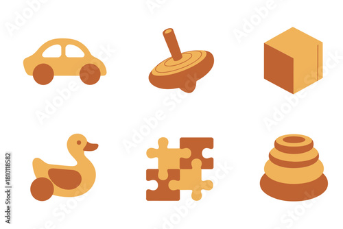 Wooden toys collection, toy car, spinning top, building cube, pull duck, puzzle piece, stacking rings, playful vector