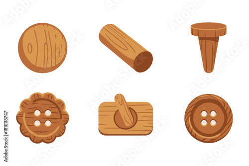 Carpentry craft pieces, round wood button, trimmed log, tapered dowel, carved medallion, plank tag, rustic fasteners vector