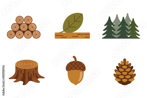 Forest materials collection, stacked logs, green leaf, evergreen trees, tree stump, acorn nut, pine cone, nature vector