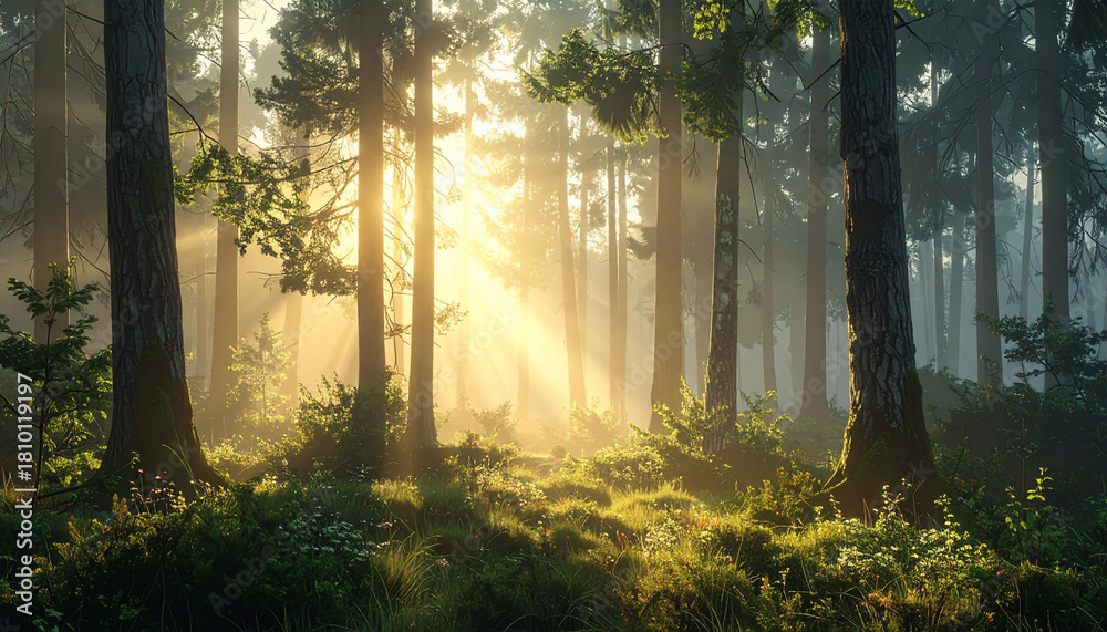 Naklejka premium Misty forest with soft morning light filtering through trees, calm atmospheric mood