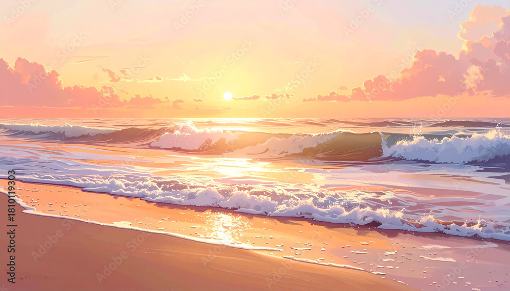 Obraz premium Soft ocean waves rolling onto beach at warm sunset, orange-pink sky, peaceful mood