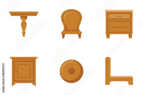 Classic furniture elements, ornate corbel shelf, vintage chair back, bedside cabinet, panel door, round plug, wooden leg