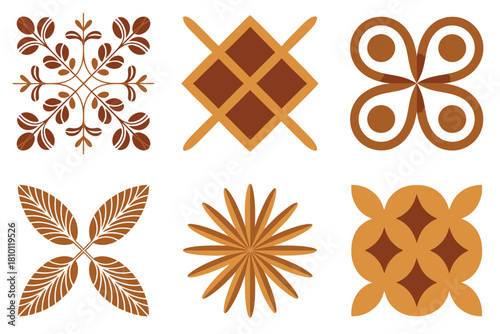 Wood inlay floral tiles, carved rosette patterns, geometric petal motifs, parquet ornament set, rustic decorative vector