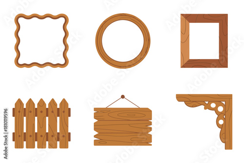 Rustic wood decor, wavy picture frame, round wall frame, picket fence, hanging plank sign, ornate corner bracket