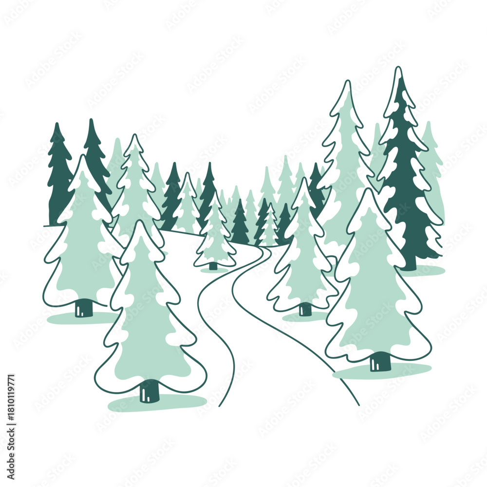 Obraz premium Hand-drawn winter forest landscape with snow-covered coniferous trees 
