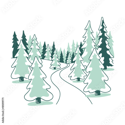 Hand-drawn winter forest landscape with snow-covered coniferous trees  