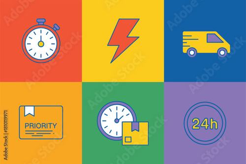 Delivery service tiles, stopwatch rush, lightning speed, courier van, priority label, package timer, 24 hour clock, vector