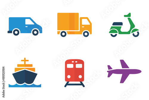 Urban delivery vehicles icons, blue car, cargo van, box truck, green scooter, logistics transport fleet, shipping vector