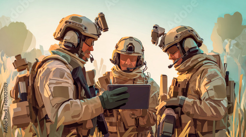Three soldiers review drone data on tablet. Drone operator team.