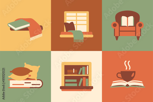 Home library blocks set, cushion and window, bookshelf vignette, open novel with steam, comfy chair, warm palette