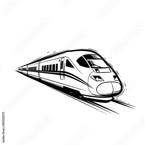Illustration of a fast train in motion on tracks on a white background for transportation concepts