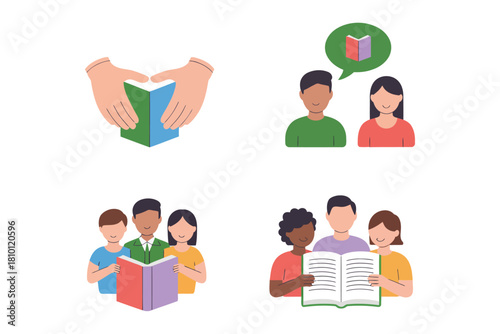 Reading community illustration, caring hands with book, diverse students group, children studying together, education literacy support vector