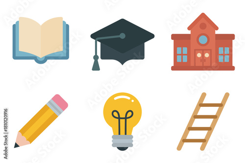 Back to school icons, textbook with cap, classic schoolhouse, pencil tool, bright bulb, sturdy ladder, education vector