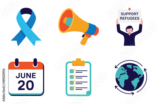 Refugee support icons, awareness ribbon, campaign megaphone, June twenty calendar, clipboard checklist, globe illustration, solidarity theme