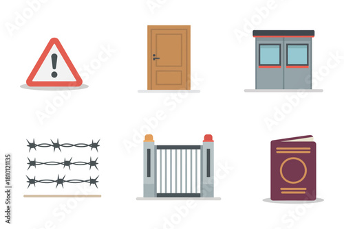 Entry control icons, hazard triangle, closed door, inspection kiosk, barbed wire, checkpoint gate, passport stamp, approval mark
