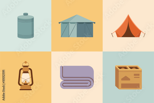 Camping essentials grid, water canister, family tent, triangular teepee, oil lantern, rolled blanket, cardboard storage box