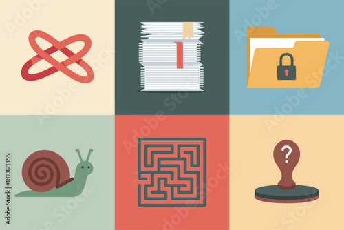 Bureaucracy delay tiles, tangled knot, towering paperwork stack, locked folder, snail icon, maze puzzle, question marker