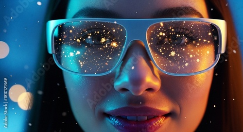 Young woman smiling with glasses reflecting dreamy lights and particles  
