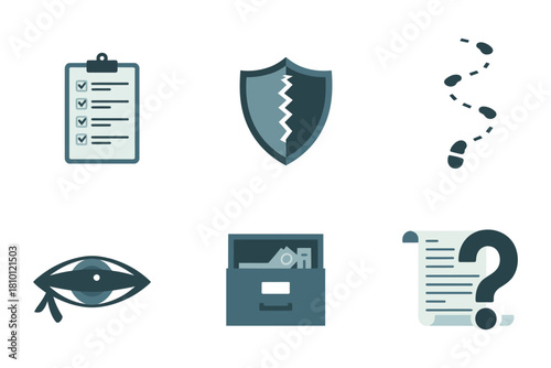 Investigation and security icons, clipboard task, cracked shield risk, winding footprints trail, fish symbol, document folder