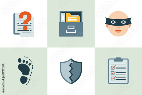 Compliance risk tiles, document question, identification card, masked intruder face, footprint trail, protective shield, audit checklist