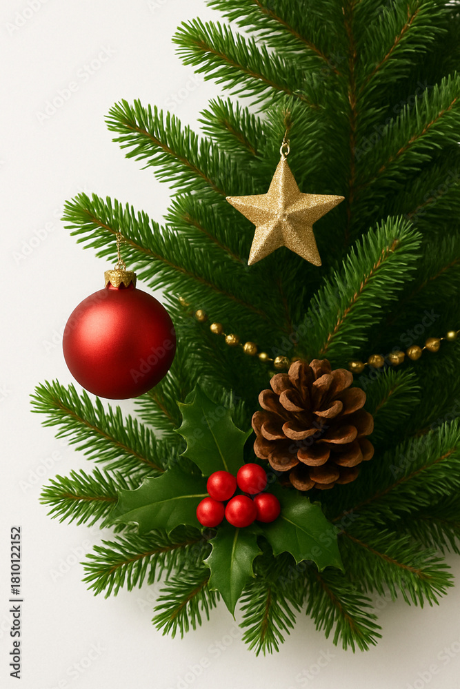 Fototapeta premium pinha : christmas tree decoration with holly berry, cone, pine isolated on white
