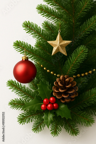 pinha : christmas tree decoration with holly berry, cone, pine isolated on white