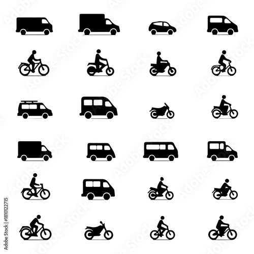 Transportation Icons Pack: Black Silhouettes of Vans, Cars, Motorcycles, and Bicycles for Web UI, Apps, and Digital Design