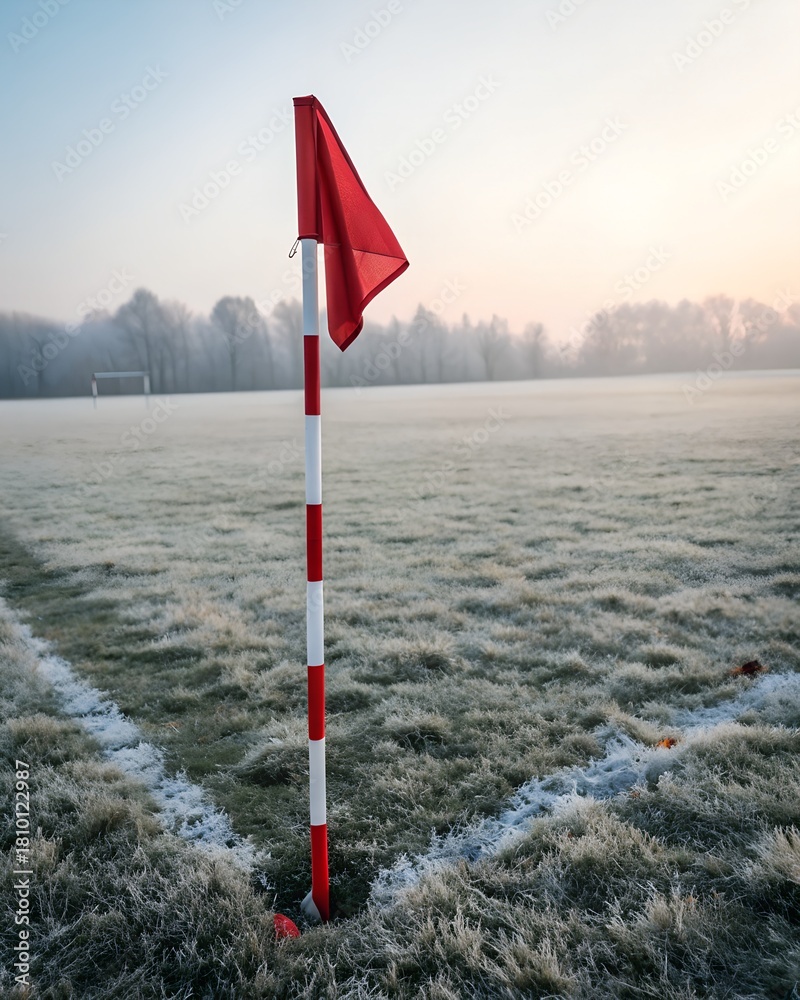 Obraz premium Frosty football pitch with a red corner flag at sunrise.