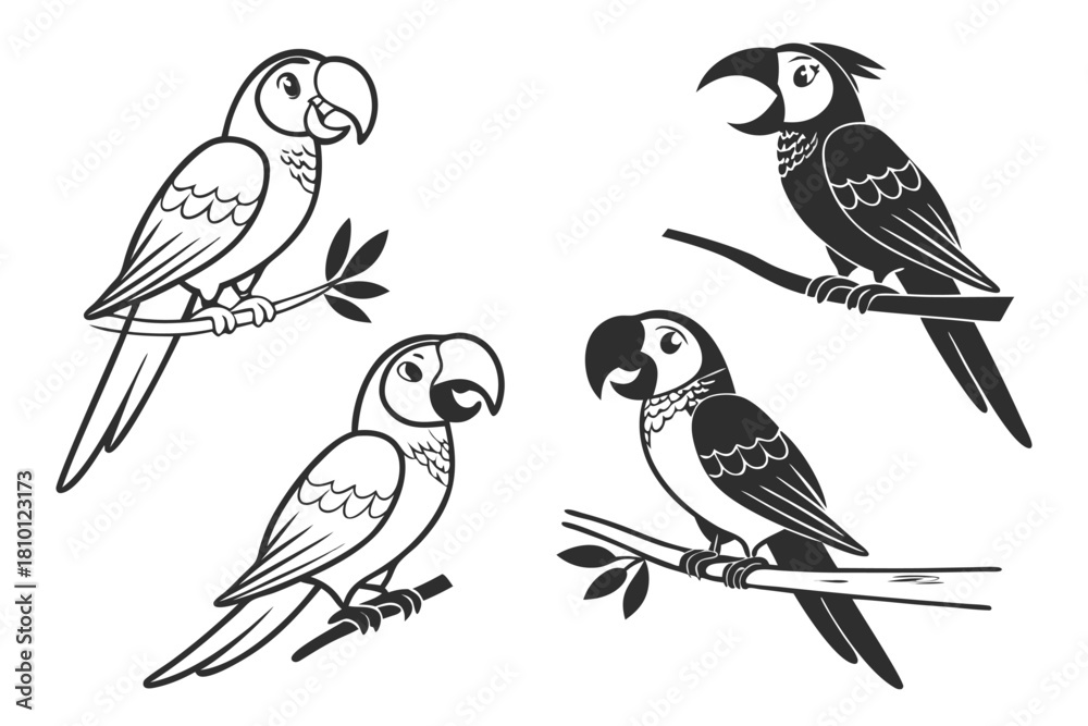 Fototapeta premium Minimalist cartoon parrot icon set in vibrant colors