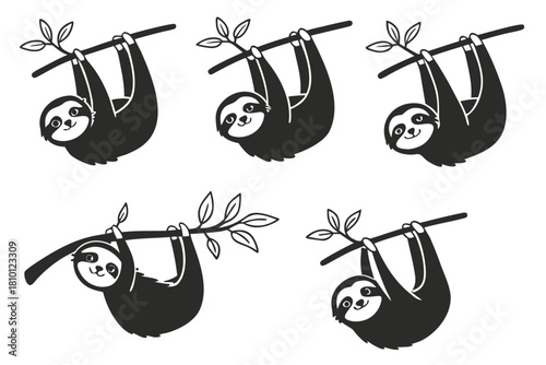 Minimalist cartoon sloth hanging icon set with vibrant colors