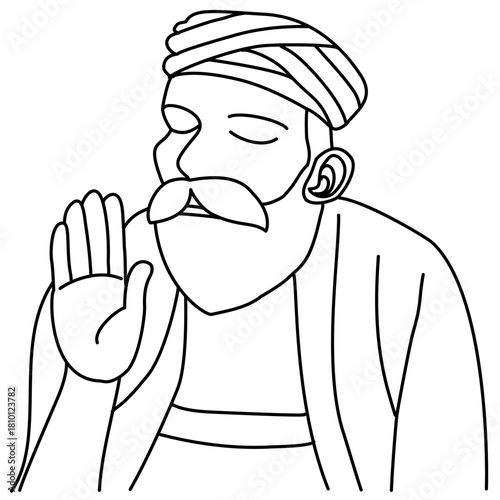 black and white line art illustration depicting a revered figure, Guru Nanak Dev Ji, the founder of Sikhism. The style is simple, clean, symbolizing devotion, wisdom, and Punjabi culture. It is ideal
