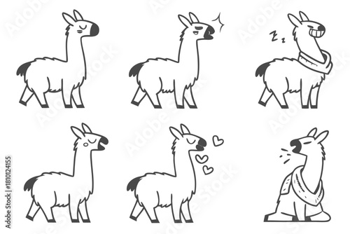 Set of 8 minimalist cartoon llama icons in vibrant colors