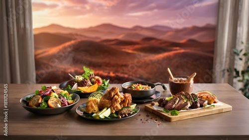 Lavish Feast of Diverse Dishes Set Against a Dramatic Desert Sunset Backdrop Keywords: food, feast