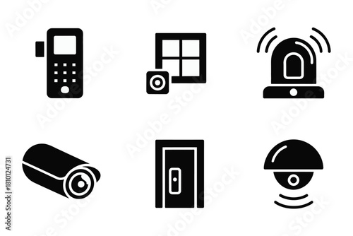 Flat vector icon set for comprehensive home security, featuring cctv, doorbell, alarm, and window sensor.