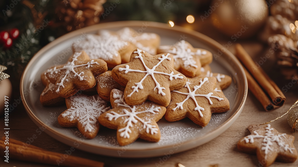 Fototapeta premium Festive gingerbread cookies decorated with icing and cinnamon placed on a silver platter during a holiday gathering