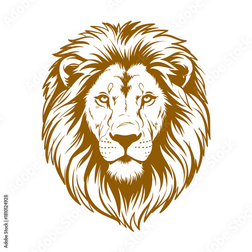 Lion head illustration with a detailed mane in golden color on a white background representing strength and majesty