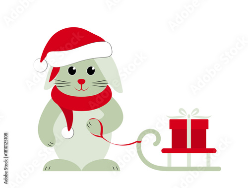bunny with cap and scarf and sledge with gift isolated on white background