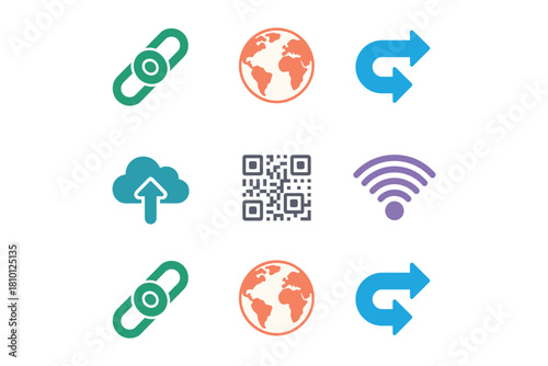 Web connectivity icon set, chain link, globe arrow, cloud upload, qr code, wireless signal, modern vector