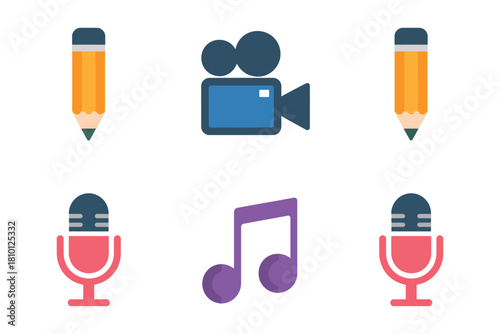 Creative studio icon pack, pencil tool, film camera pair, microphone, music notes, picture tile, clean vector illustration
