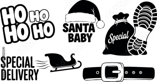 Santa baby ho ho ho special delivery sleigh belt sack footprint Christmas vector illustration