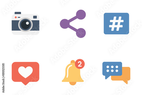 Social media widgets, camera icon, share link, hashtag tile, love heart, bell notification, message badge, modern vector