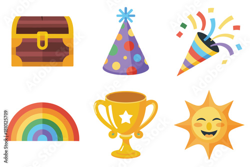 Holiday party icons pack, sparkling rainbow, trophy cup, smiling sun face, decorated party hat, confetti shooter, chest vector