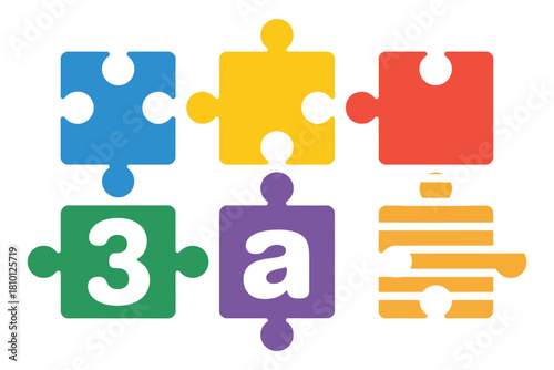 Math and literacy jigsaw set, large puzzle tiles, colored pieces, bold number three, letter a, classroom activity vector