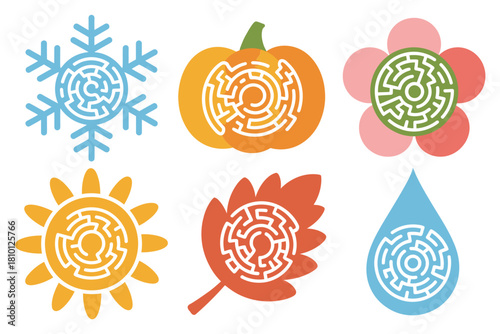 Season themed maze icons, snowflake labyrinth, pumpkin maze, flower spiral, sunny maze, water drop puzzle, creative vector set