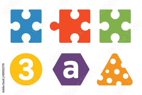 Color block puzzle mix, interlocking jigsaw pieces, numeric token three, alphabet letter a, geometric shape tiles, learning vector