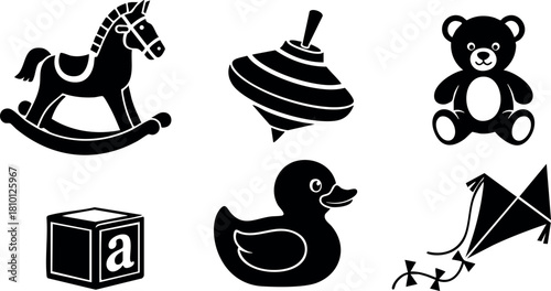 Classic children toys collection rocking horse top spinning toy teddy bear alphabet block rubber duck kite vector illustration