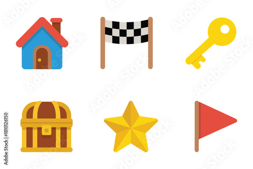 Adventure level icons set, cottage home, checkered flag arch, golden key, treasure chest, star badge, red marker