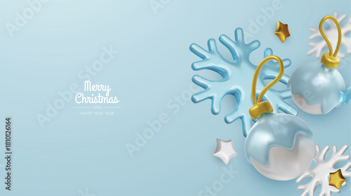 Happy New Year and Merry Christmas. Christmas holiday background with realistic 3d objects, bauble balls, conical metal stars. Levitation falling design composition.