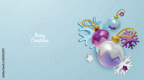 Happy New Year and Merry Christmas. Christmas holiday background with realistic 3d objects, bauble balls, conical metal stars. Levitation falling design composition.